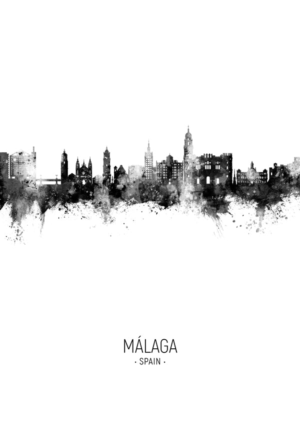 Stadstavla Málaga skyline svartvit