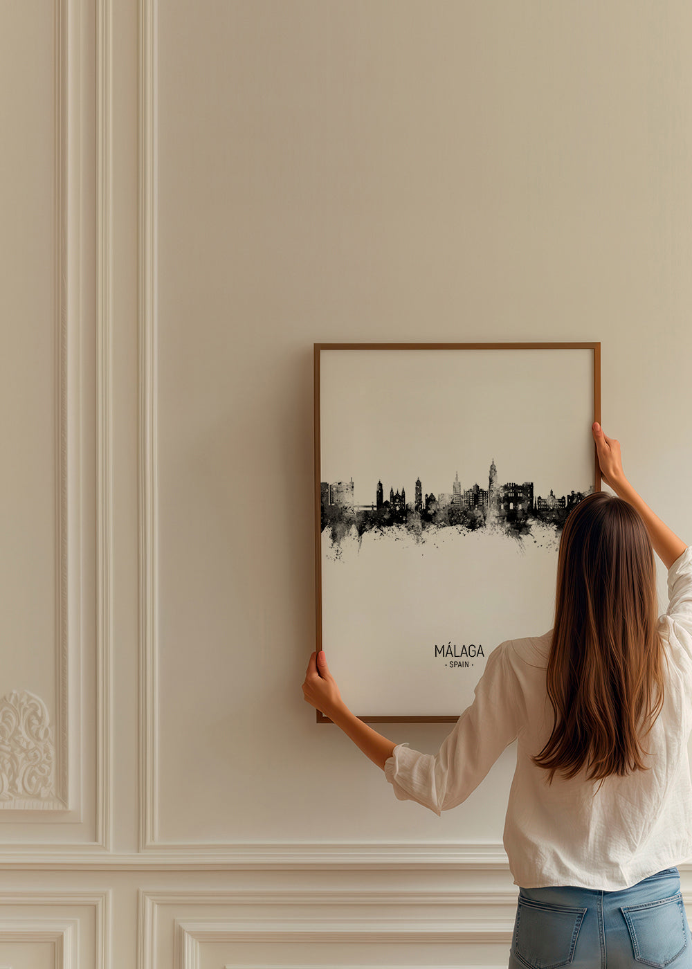 Stadstavla Málaga skyline svartvit
