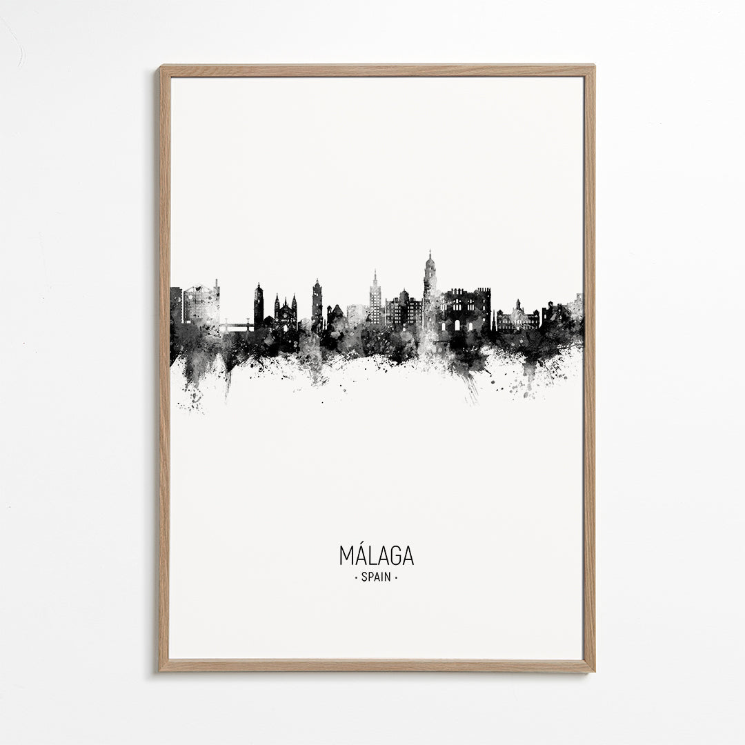 Stadstavla Málaga skyline svartvit