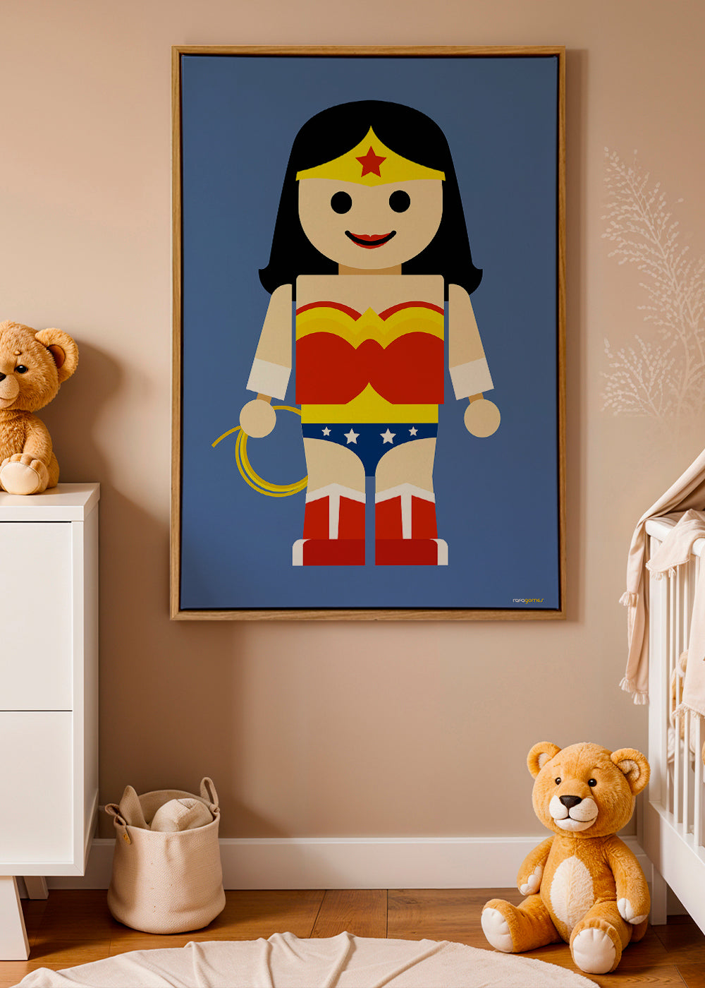 Leksak Wonder Woman-illustration på blå bakgrund