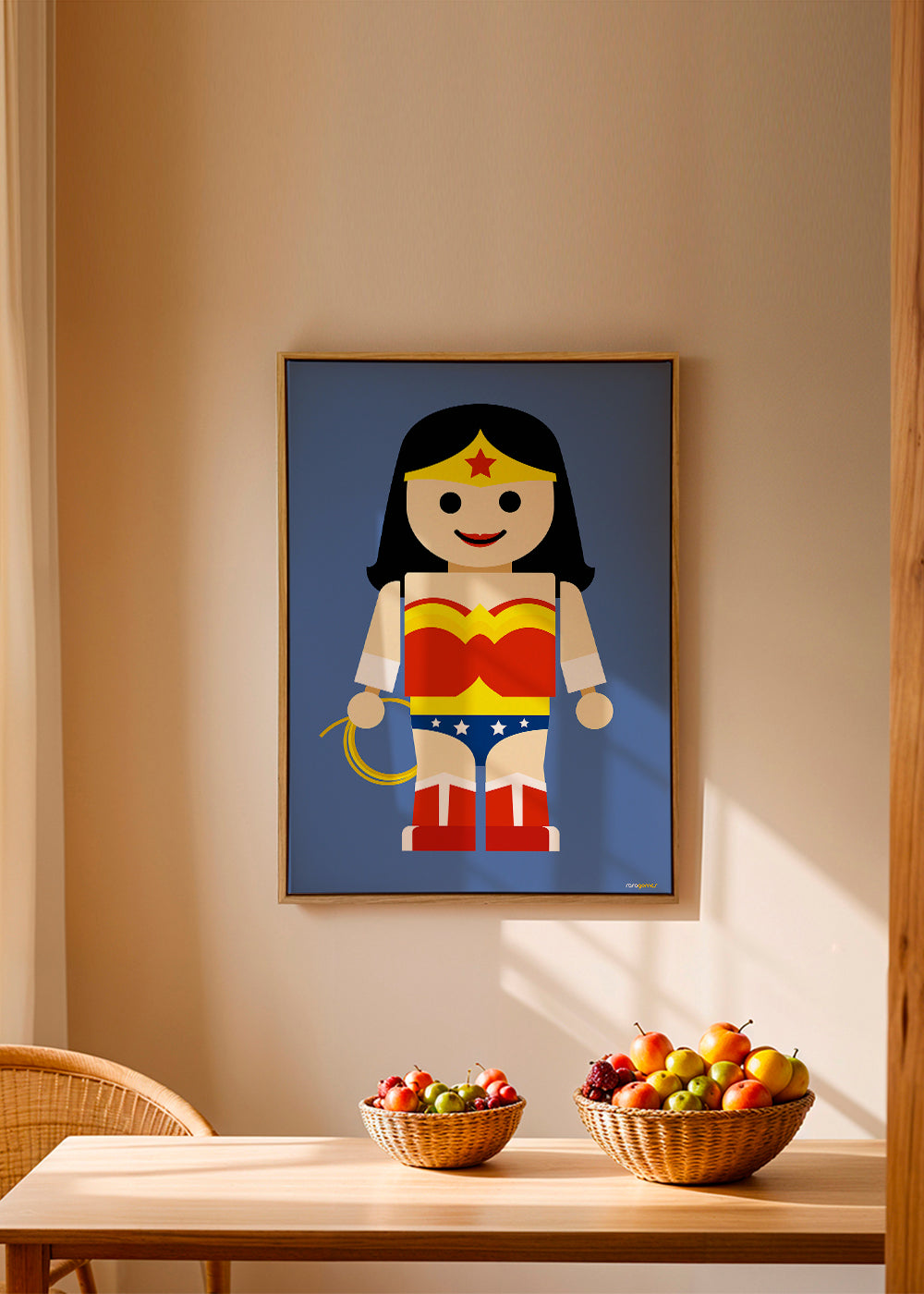 Leksak Wonder Woman-illustration på blå bakgrund