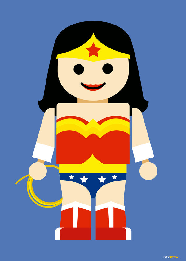 Leksak Wonder Woman-illustration på blå bakgrund
