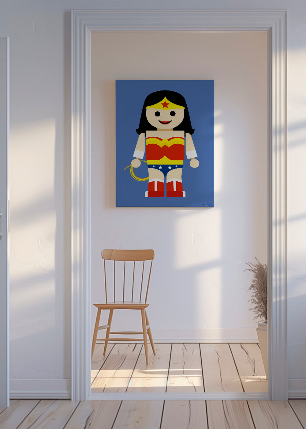 Leksak Wonder Woman-illustration på blå bakgrund