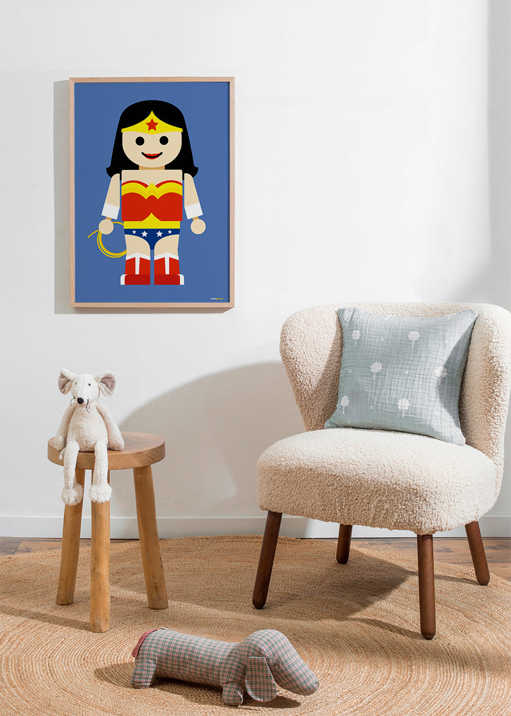 Leksak Wonder Woman-illustration på blå bakgrund