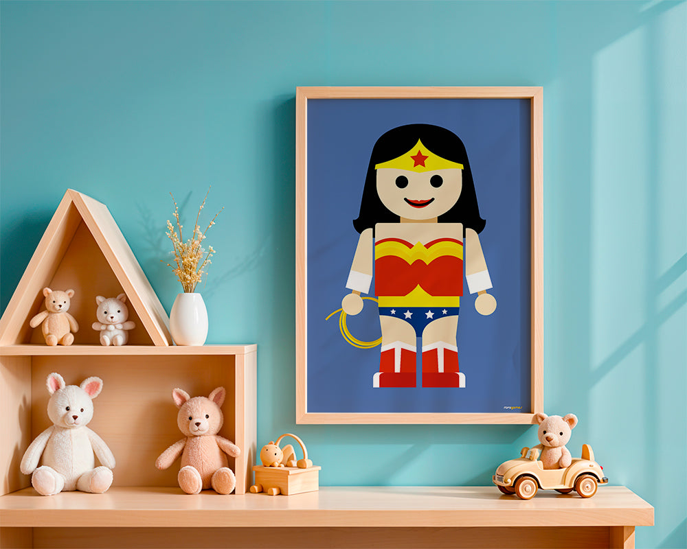 Leksak Wonder Woman-illustration på blå bakgrund