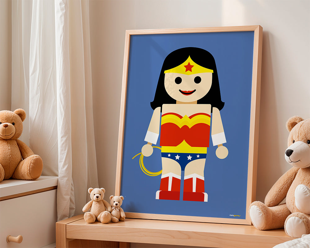 Leksak Wonder Woman-illustration på blå bakgrund