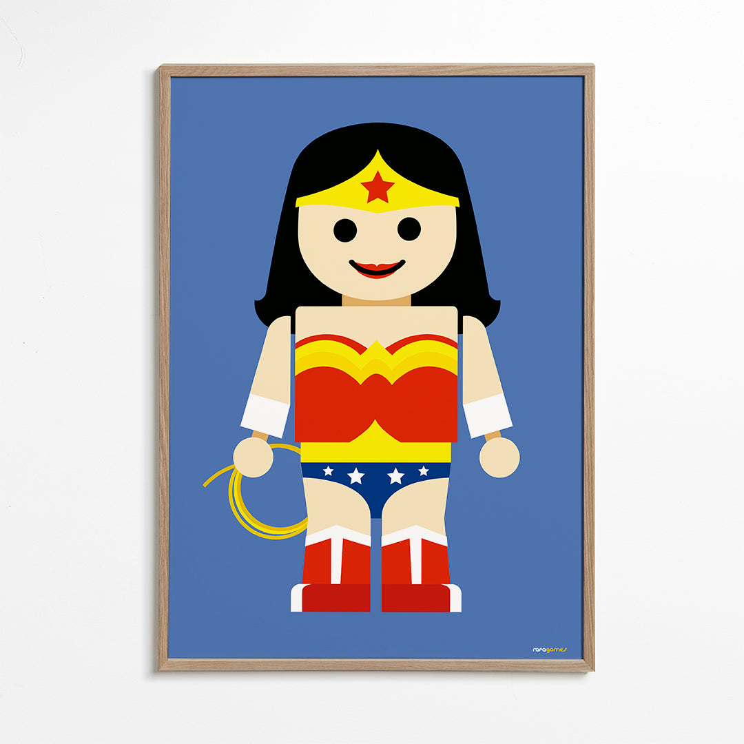 Leksak Wonder Woman-illustration på blå bakgrund