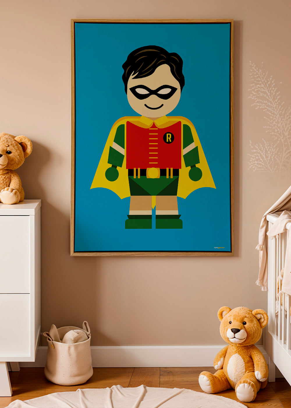 Barnposter: lekfull superhjälte på blå bakgrund