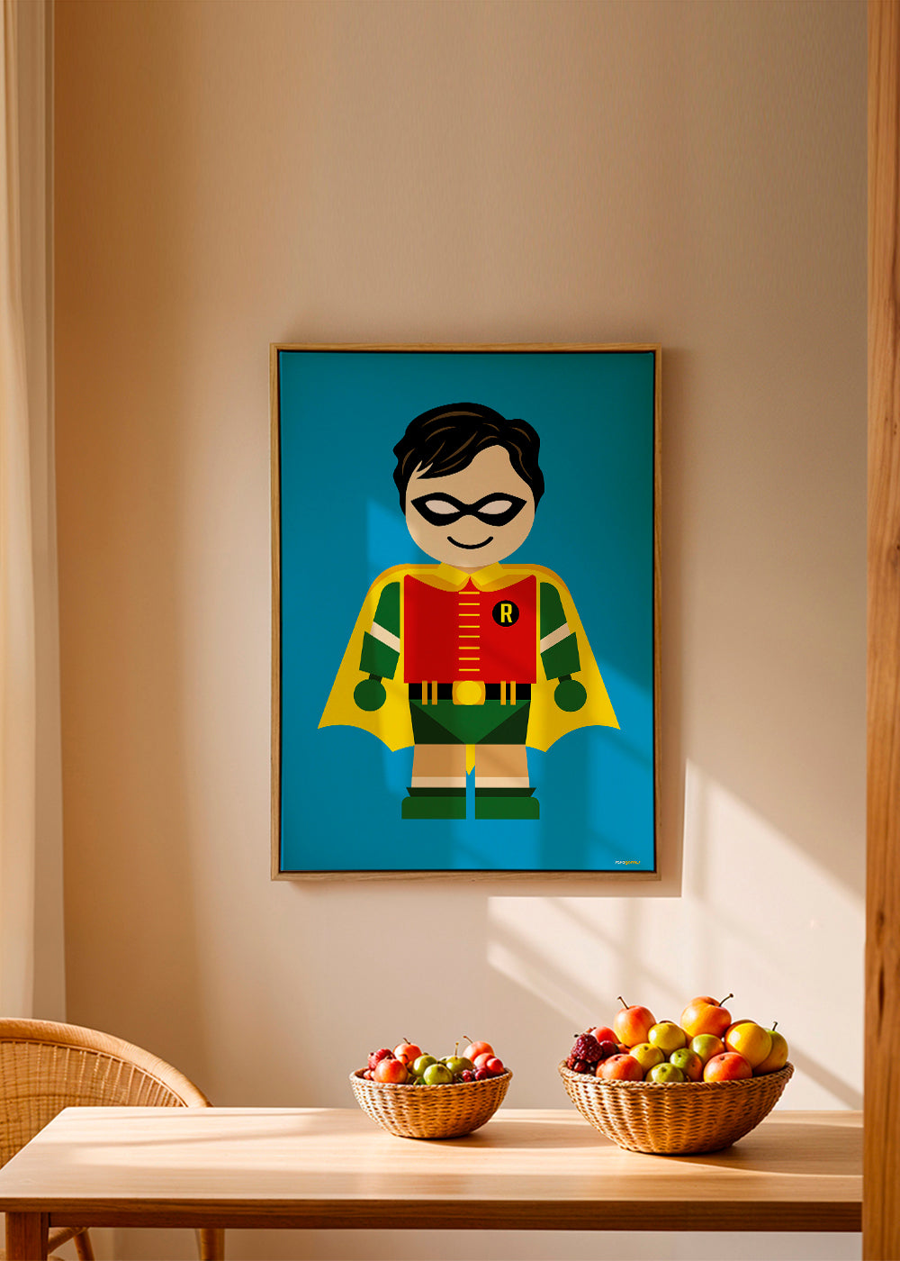 Barnposter: lekfull superhjälte på blå bakgrund