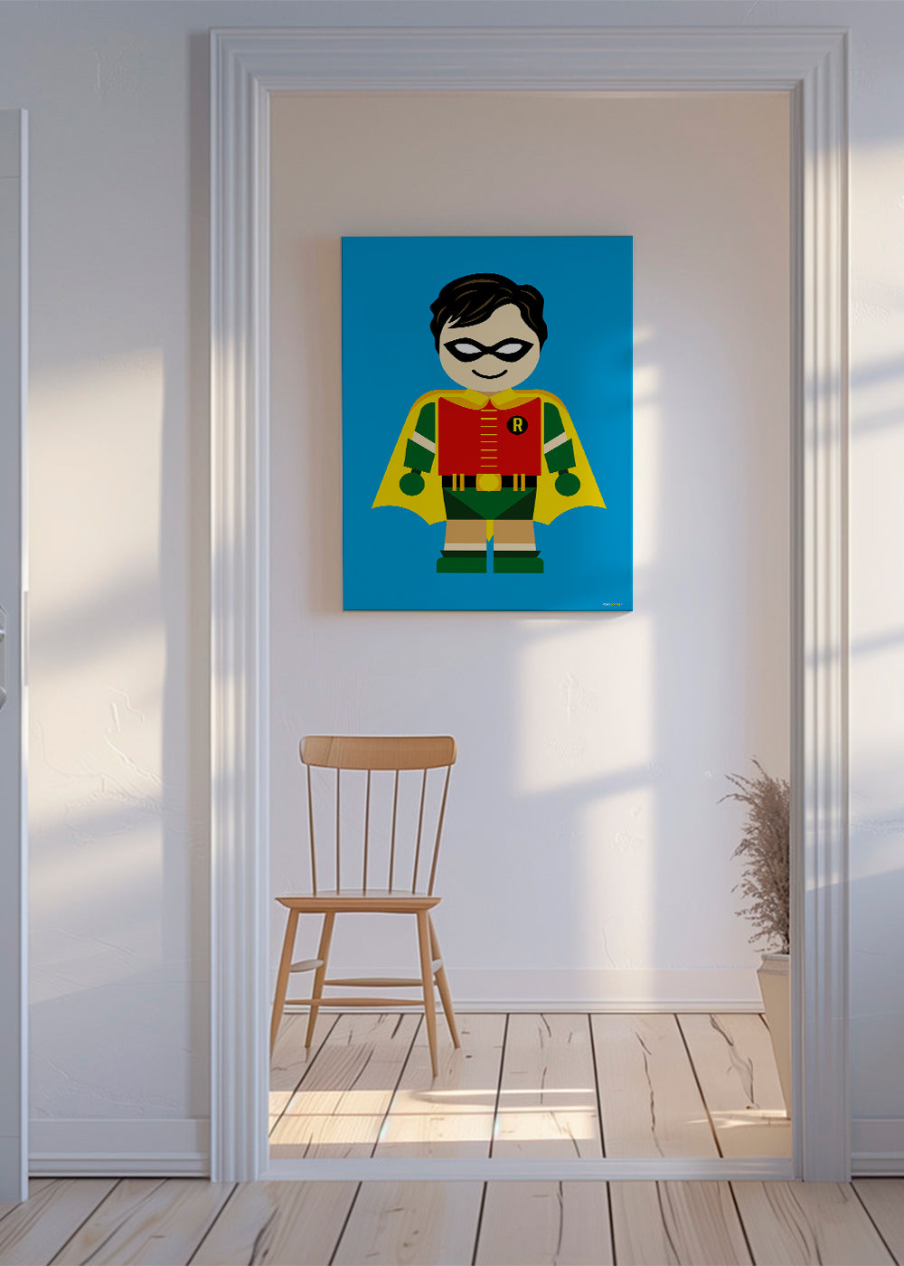 Barnposter: lekfull superhjälte på blå bakgrund