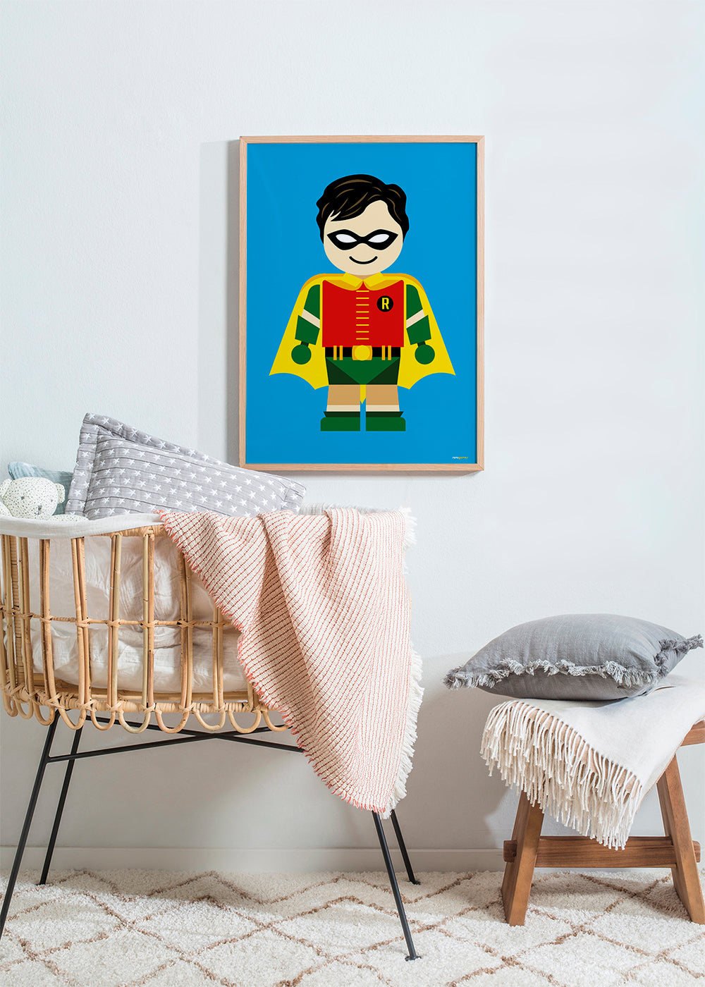 Barnposter: lekfull superhjälte på blå bakgrund