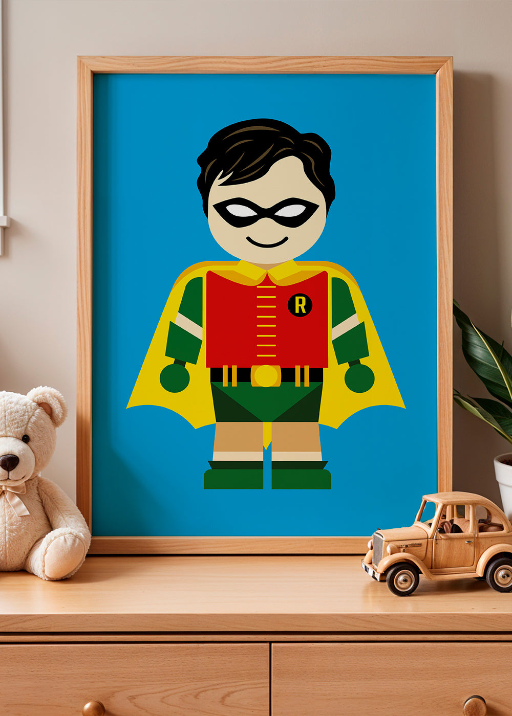 Barnposter: lekfull superhjälte på blå bakgrund