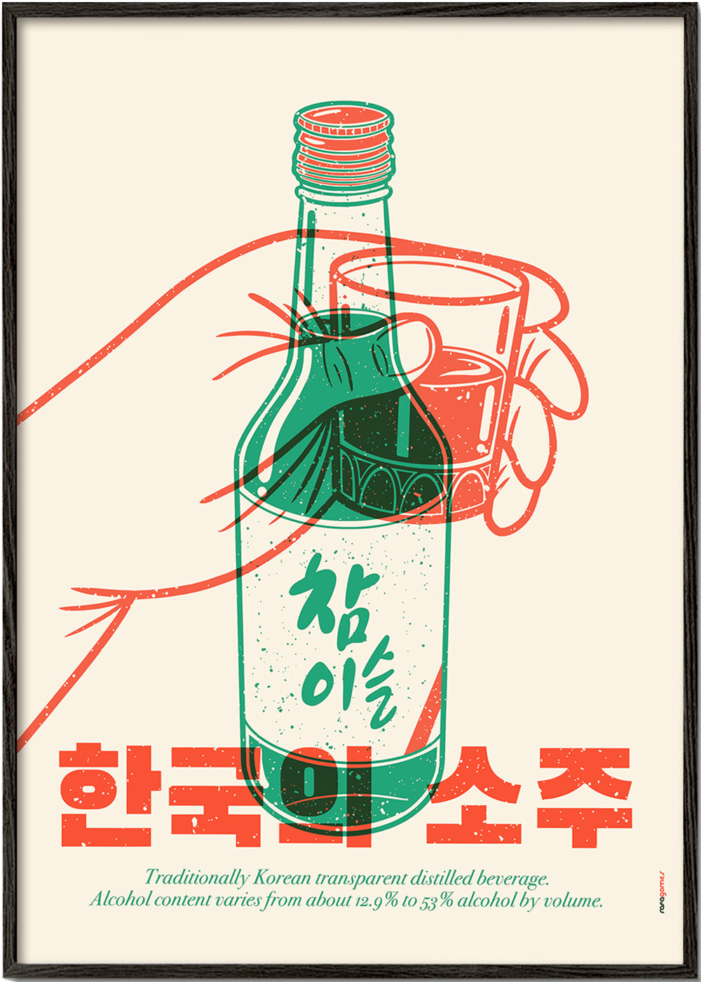 Kökskonst med illustrerad soju-flaska
