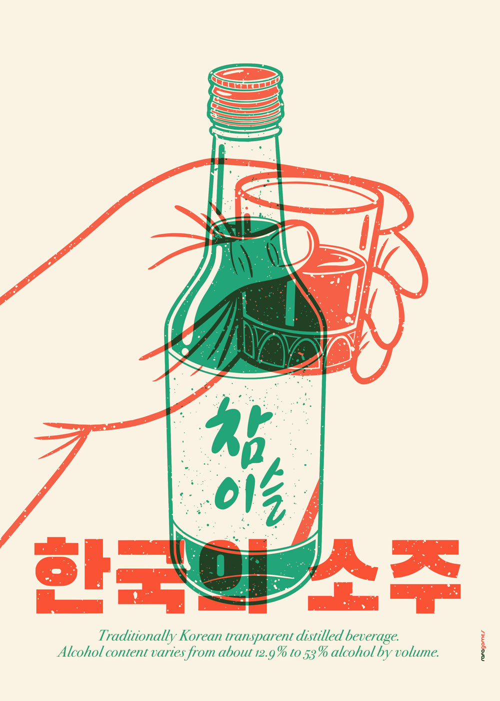Kökskonst med illustrerad soju-flaska