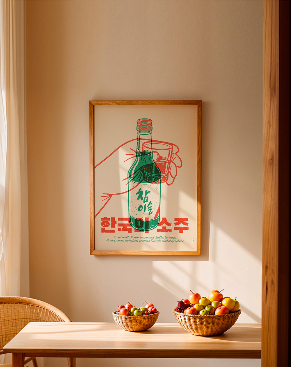 Kökskonst med illustrerad soju-flaska