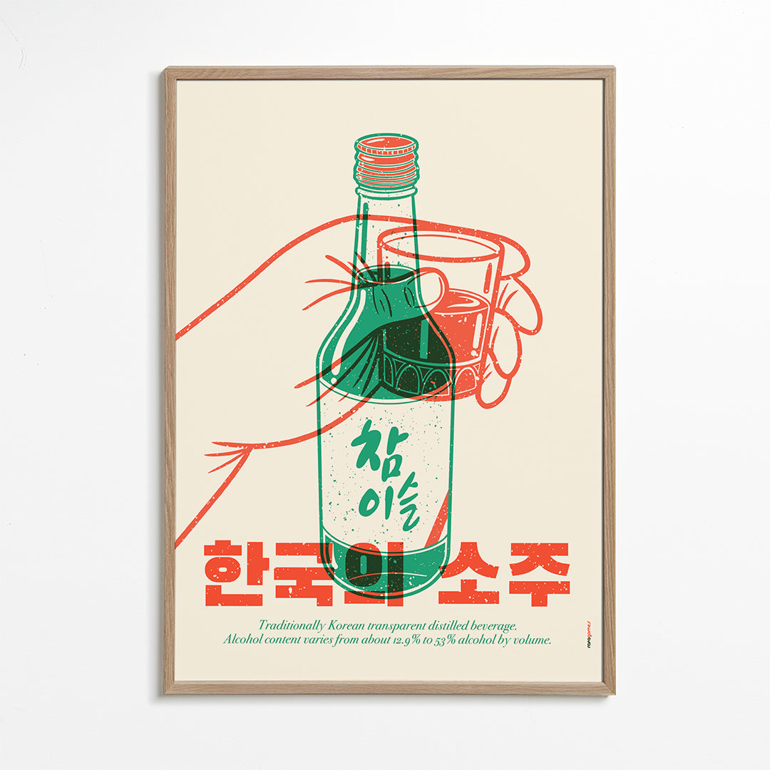 Kökskonst med illustrerad soju-flaska