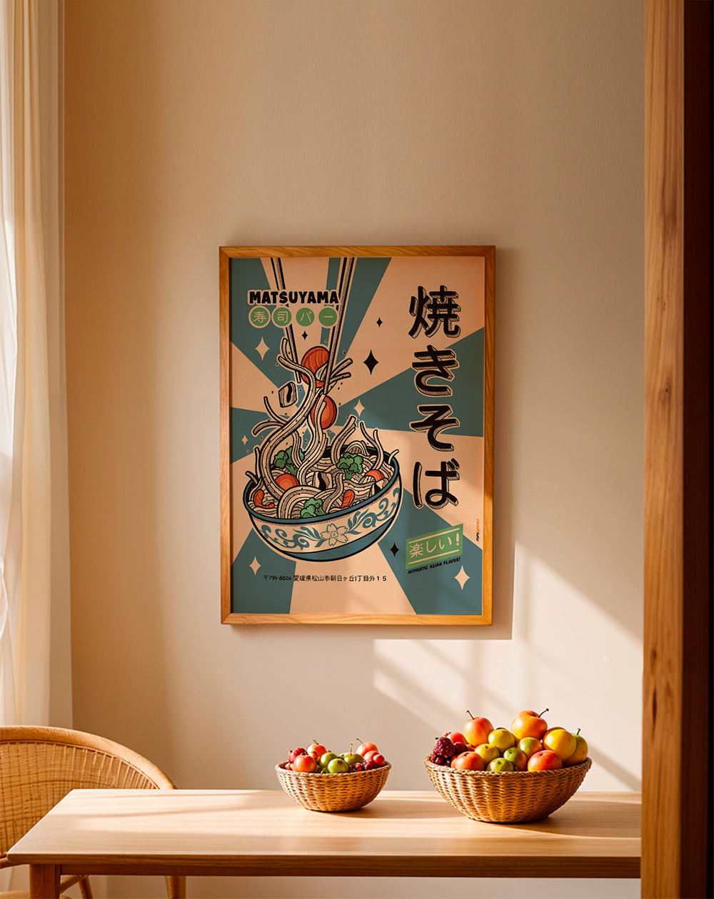 Kökskonst: yakisoba-illustration i retrostil