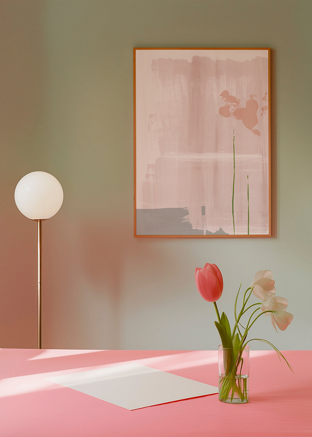 Abstrakt konstverk rosa med gröna stänglar