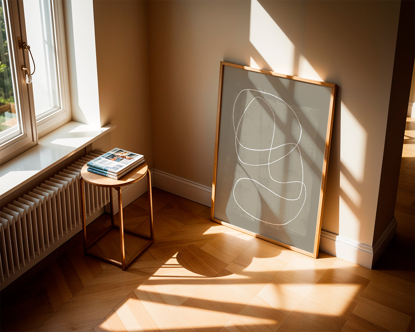 Minimalistiskt konstverk med vit linje