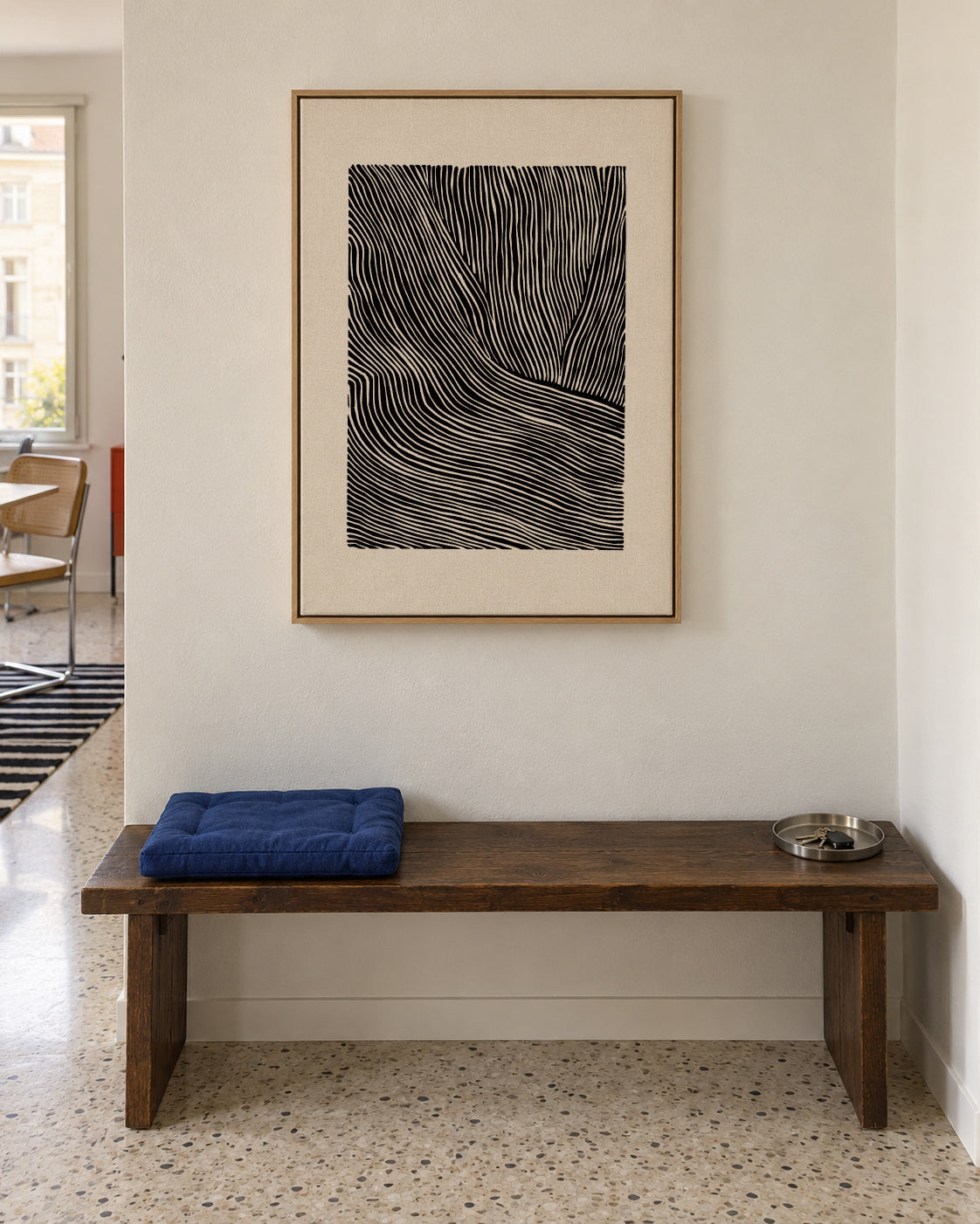 Stripes linocut Nº2 - Black and white - Framed canvas in an interior