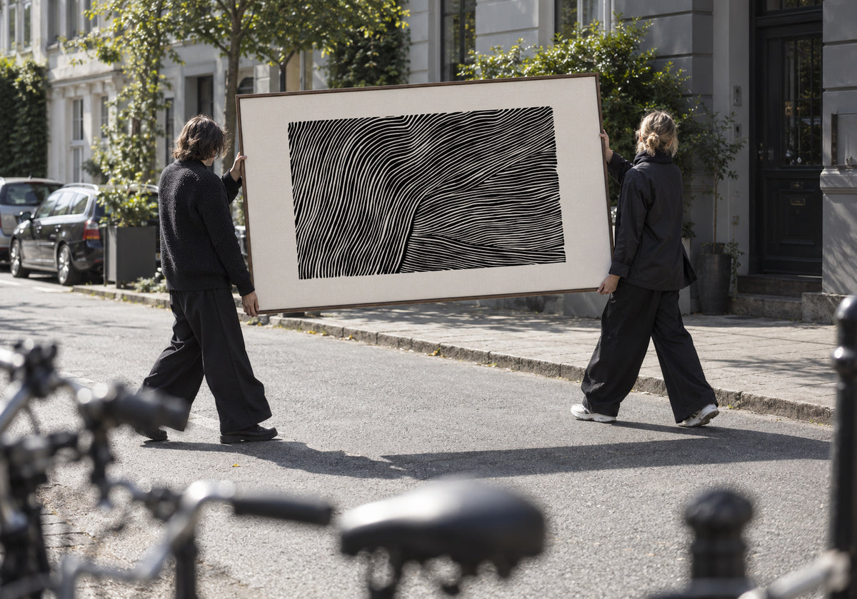 Stripes linocut Nº2 - Black and white - Framed canvas in an interior