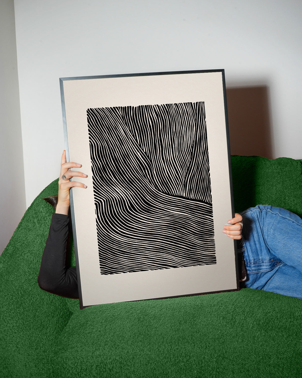 Stripes linocut Nº2 - Black and white - Framed poster detail