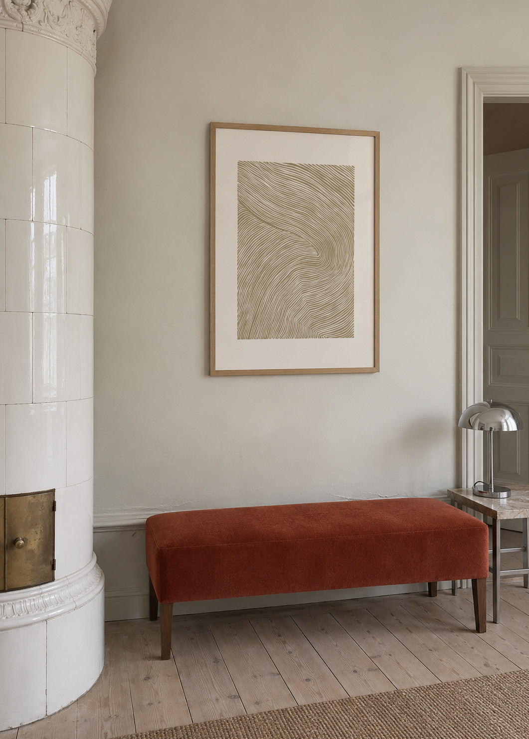 Stripes linocut Nº4 - Ochre - Framed poster in an interior