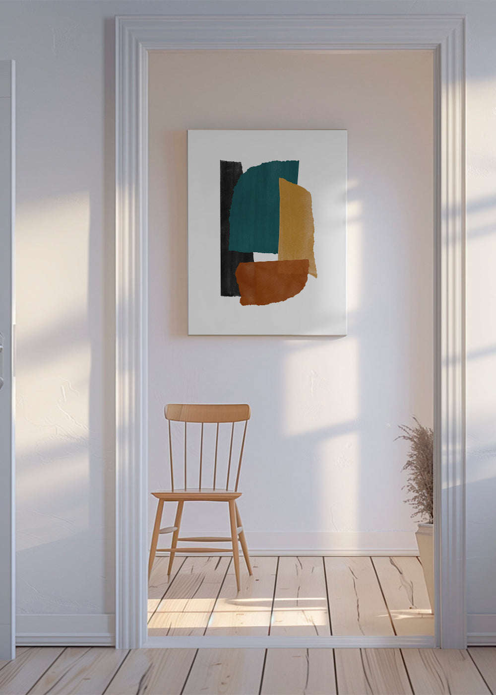 Abstrakt konstverk med ockra och gröna fragment