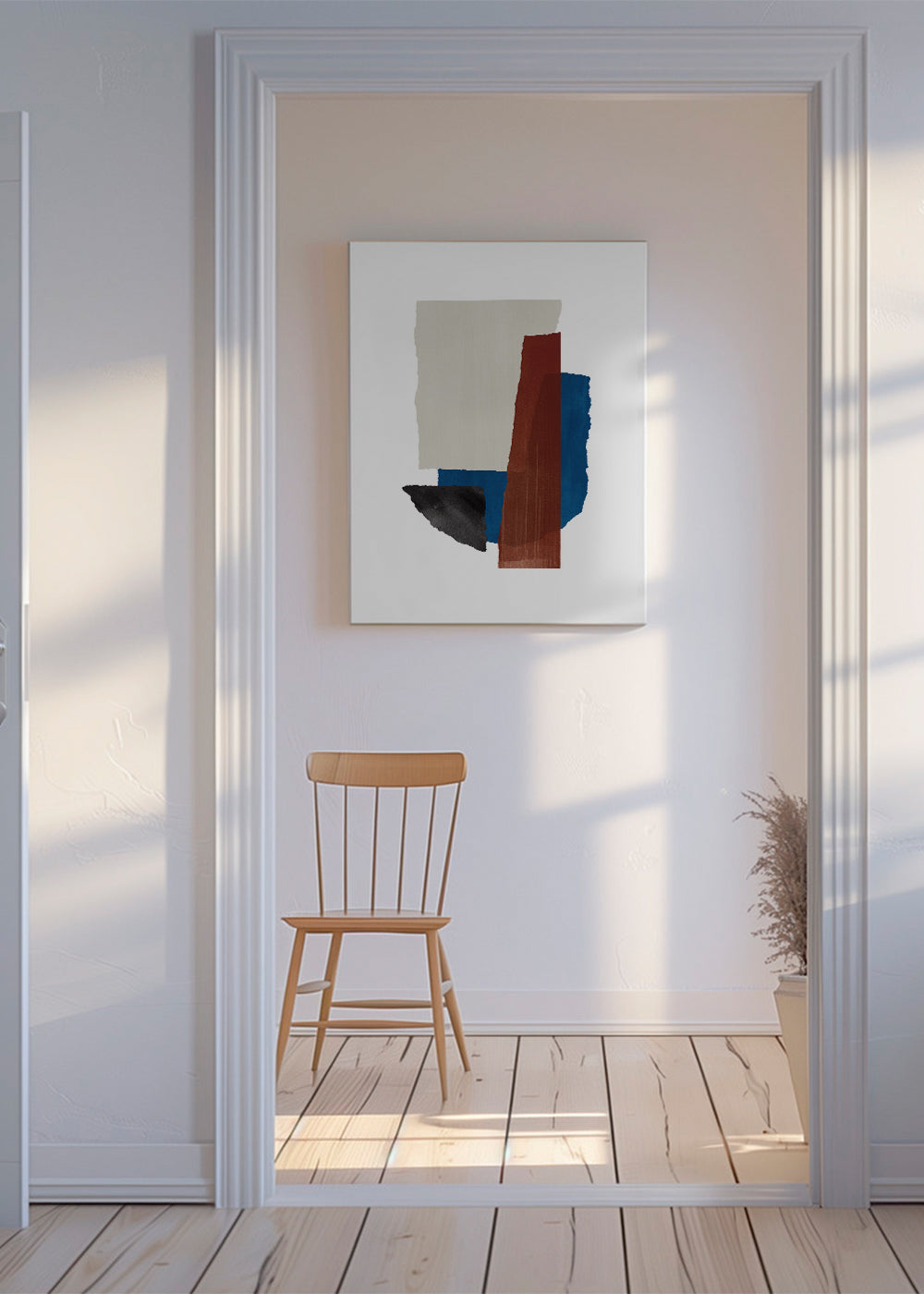 Abstrakt vertikalt verk med beige och röda drag
