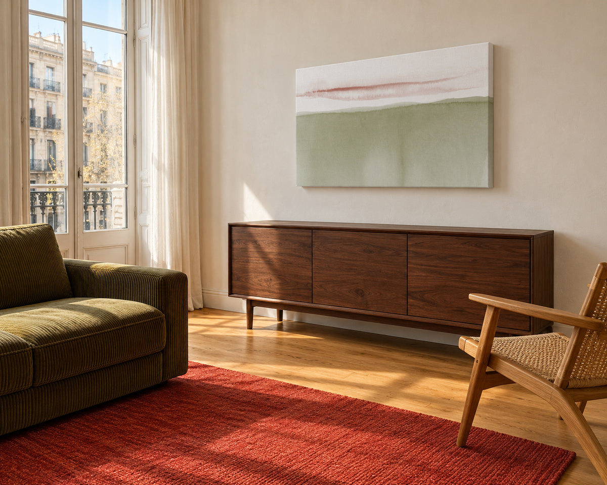 Watercolor landscape N 40 Olive green - Unframed canvas in an interior