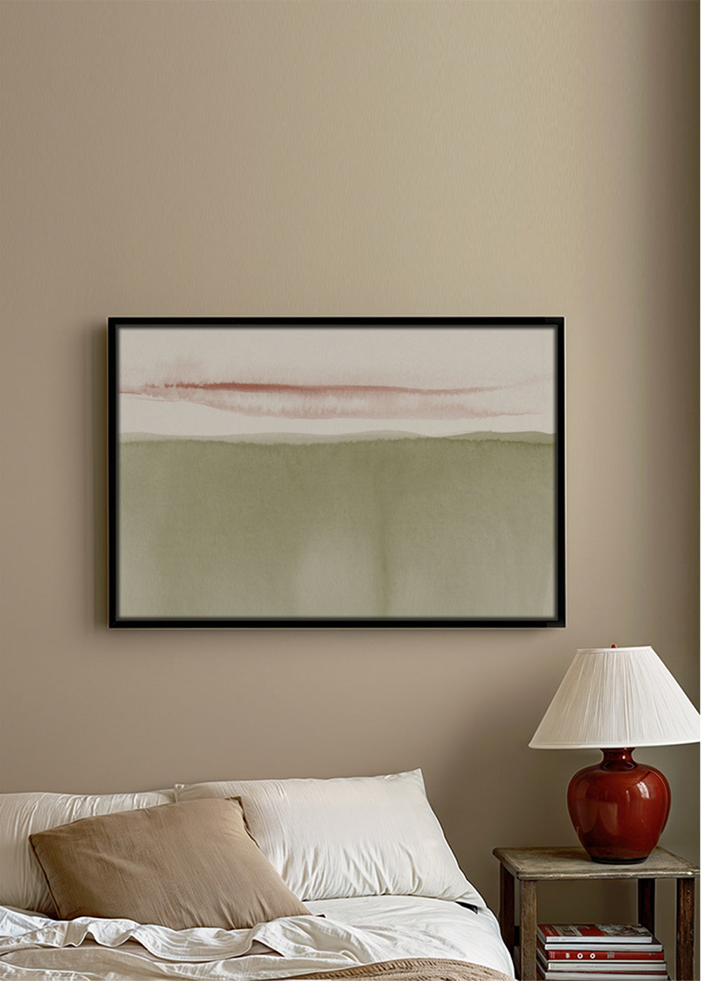 Landskap akvarell olivgrön minimal