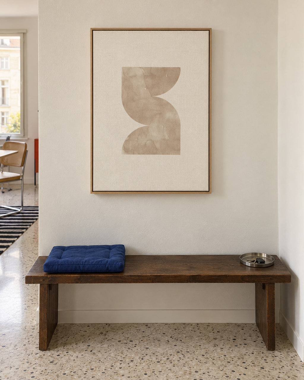 Watercolor shapes Nº2 - beige tones - Framed canvas in an interior