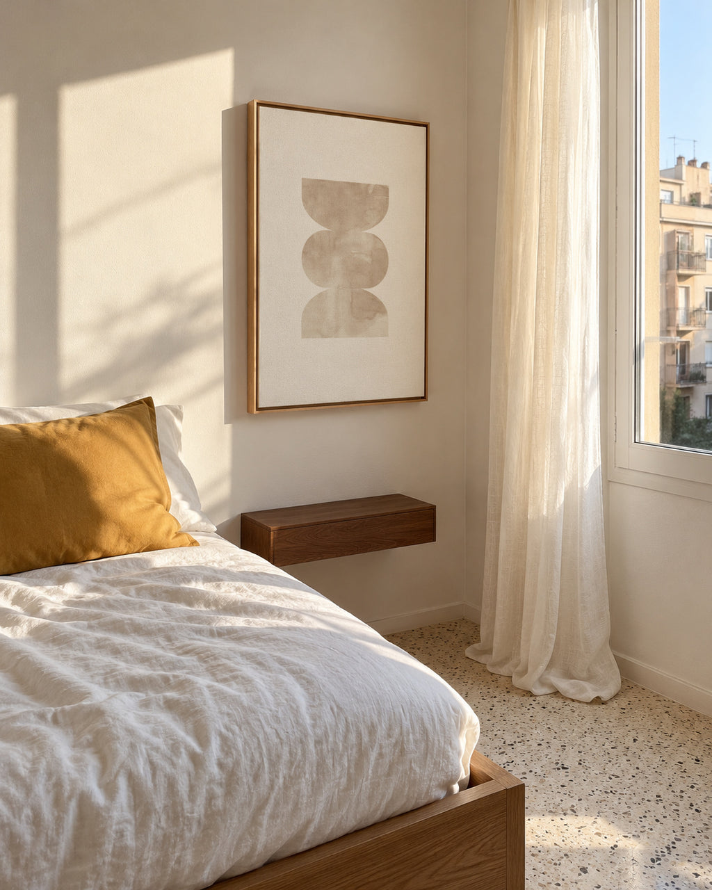 Watercolor shapes Nº4 - beige tones - Framed canvas in an interior