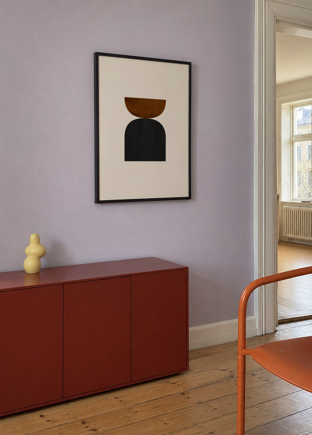 Geometric shapes Nº1 - rust & black - Framed poster in an interior