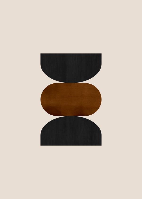 Geometrisk poster staplad i beige, rust och svart
