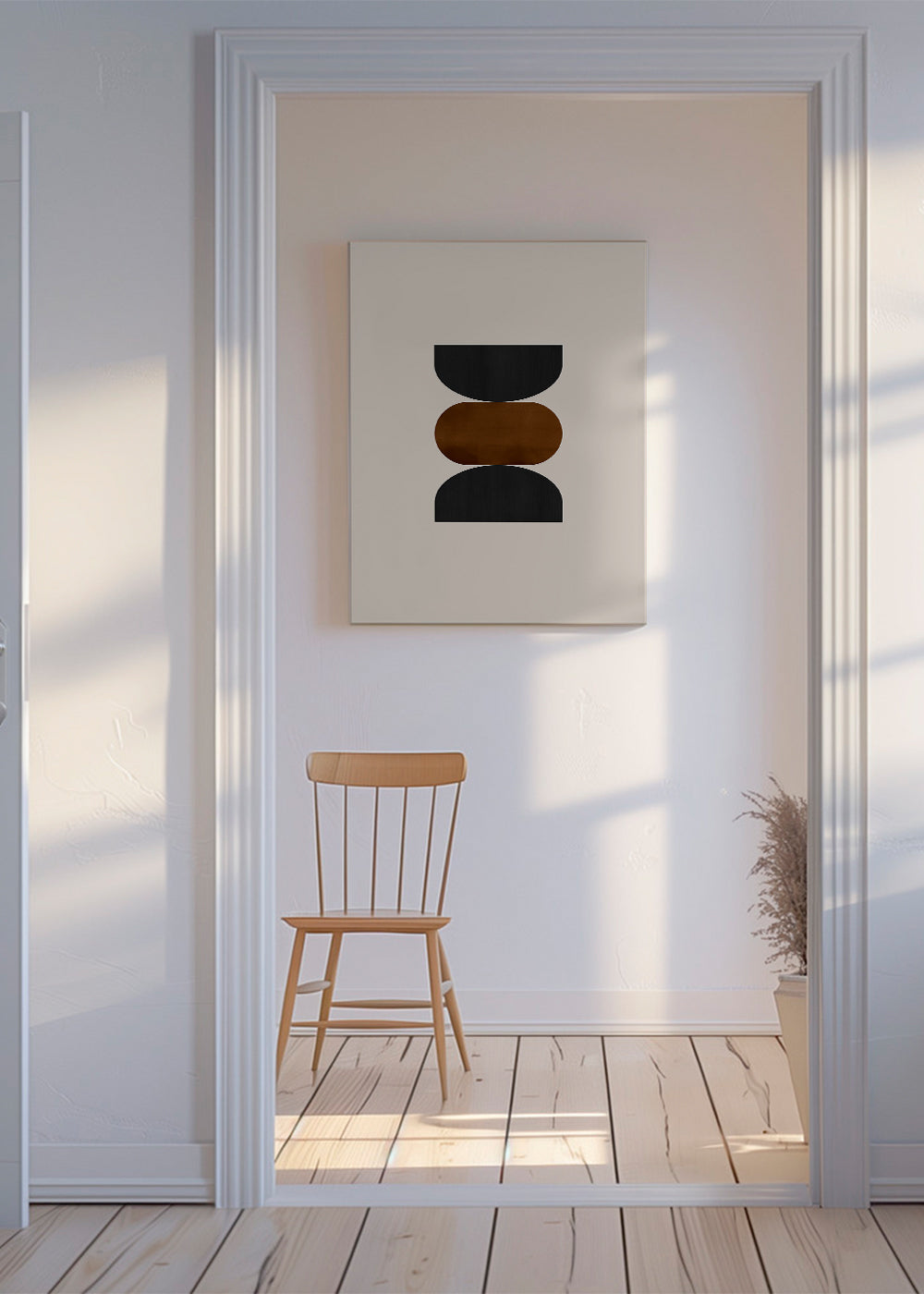 Geometrisk poster staplad i beige, rust och svart