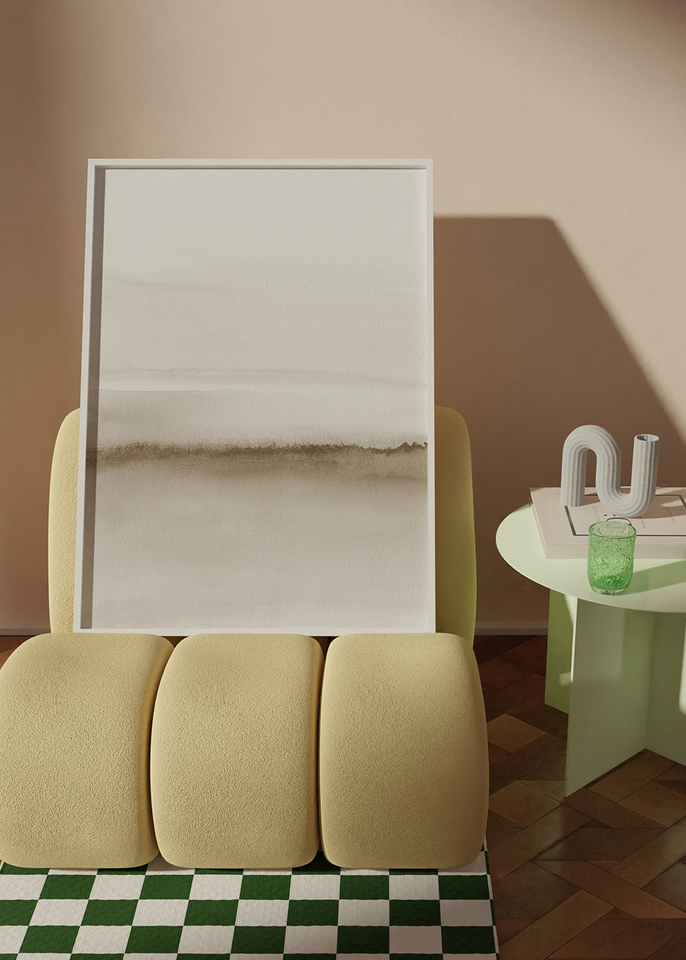 Landskapskonst i beige akvarell