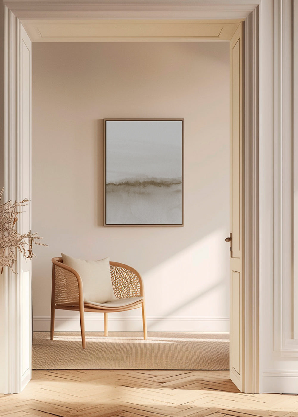 Landskapskonst i mjuk beige akvarell