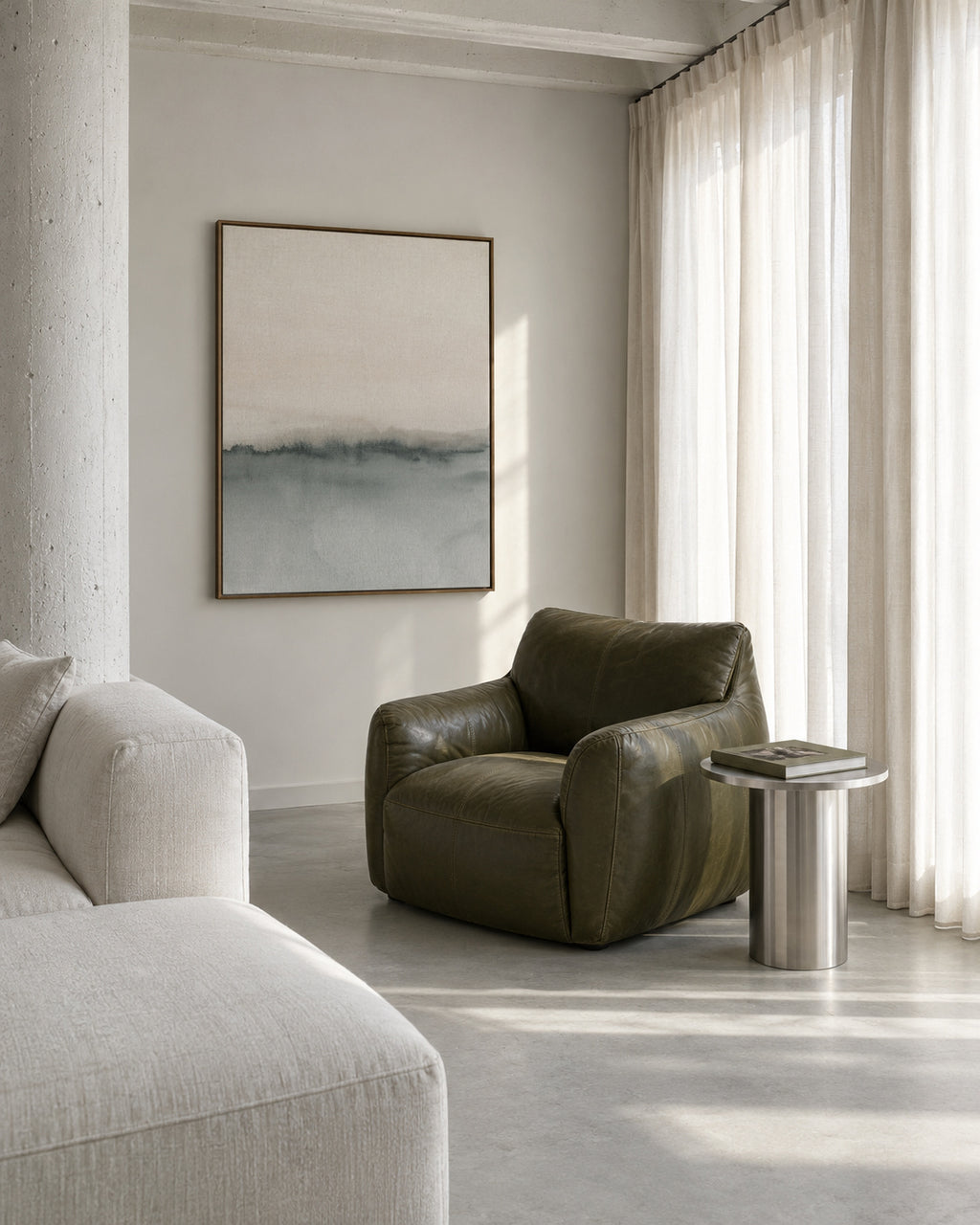 Watercolor landscape N 46 Soft coral & Gray 2/2 - Framed canvas in an interior