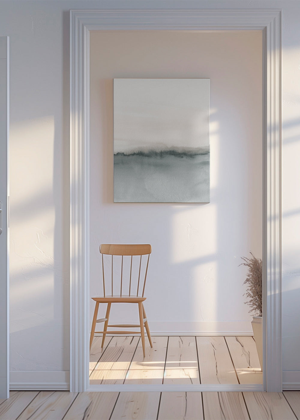 Minimalistiskt akvarellandskap i grått