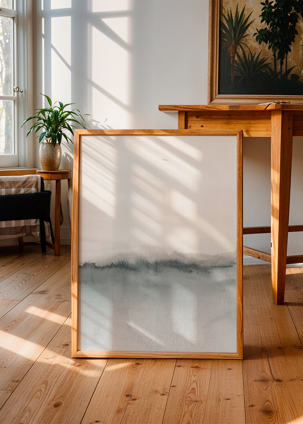 Minimalistiskt akvarellandskap i grått