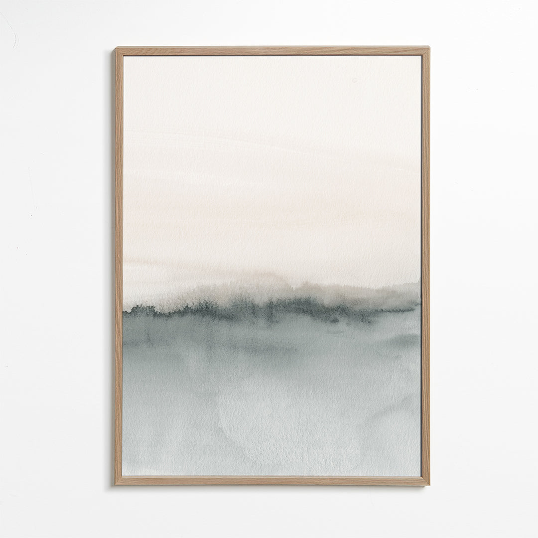 Minimalistiskt akvarellandskap i grått