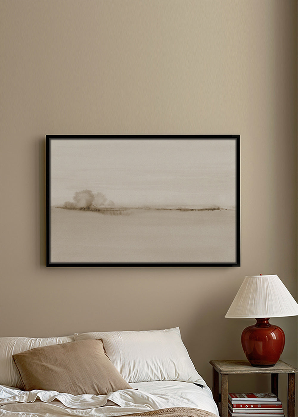 Landskap akvarell i sepia med mjuk horisont