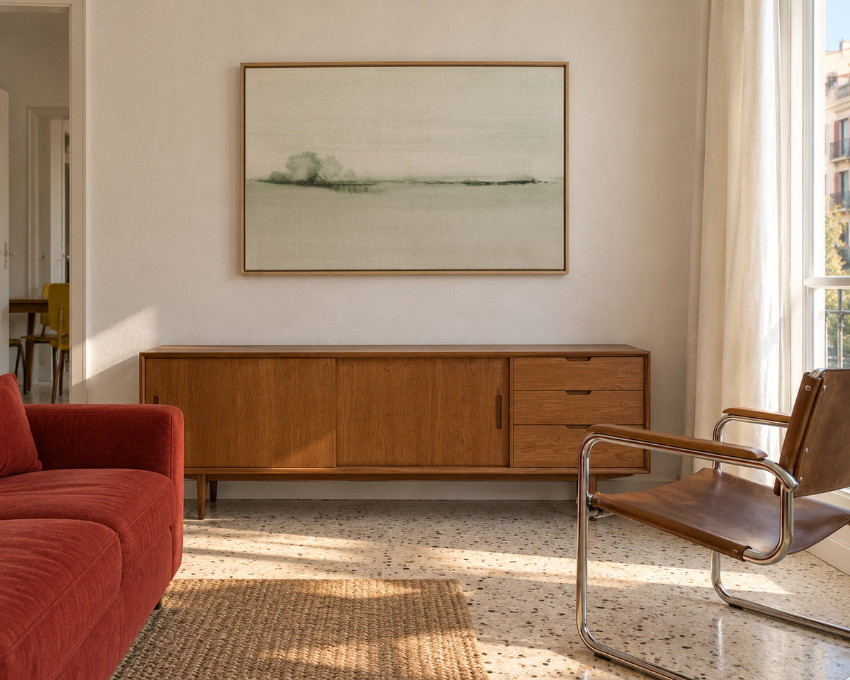 Watercolor landscape N 50 Greeny - Framed canvas in an interior