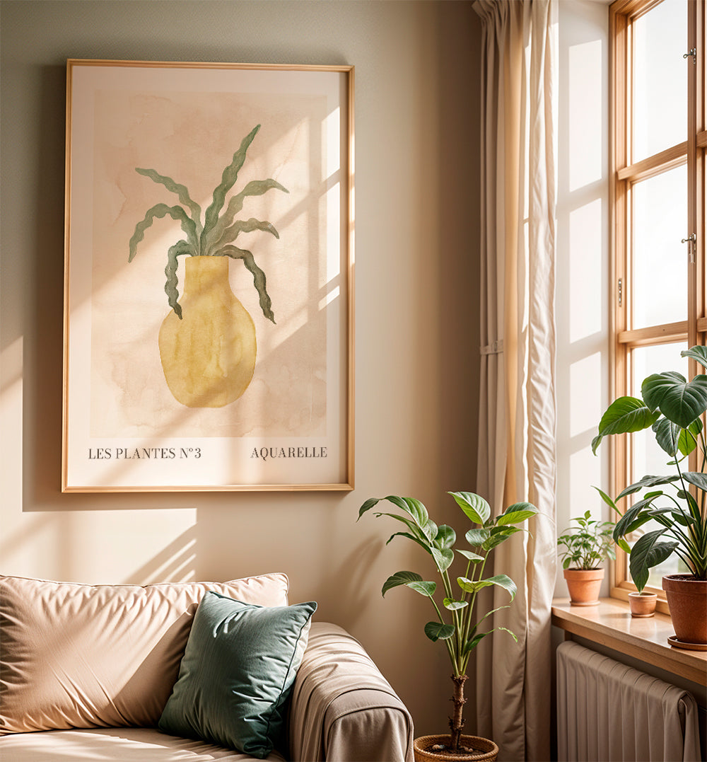 Botanisk poster: gul vas med vågiga blad