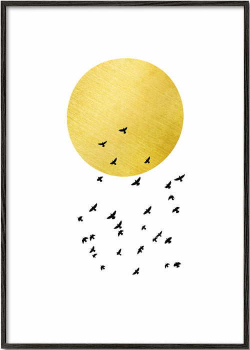 Minimalistisk print med gyllene sol och flock