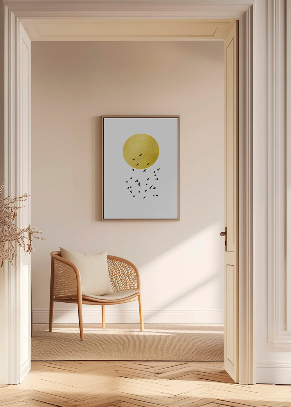 Minimalistisk print med gyllene sol och flock
