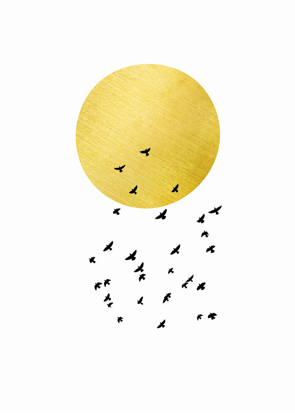 Minimalistisk print med gyllene sol och flock