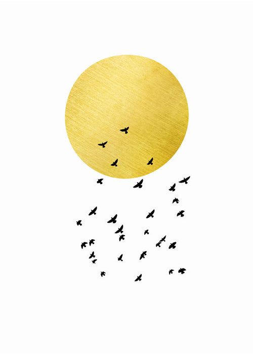 Minimalistisk print med gyllene sol och flock
