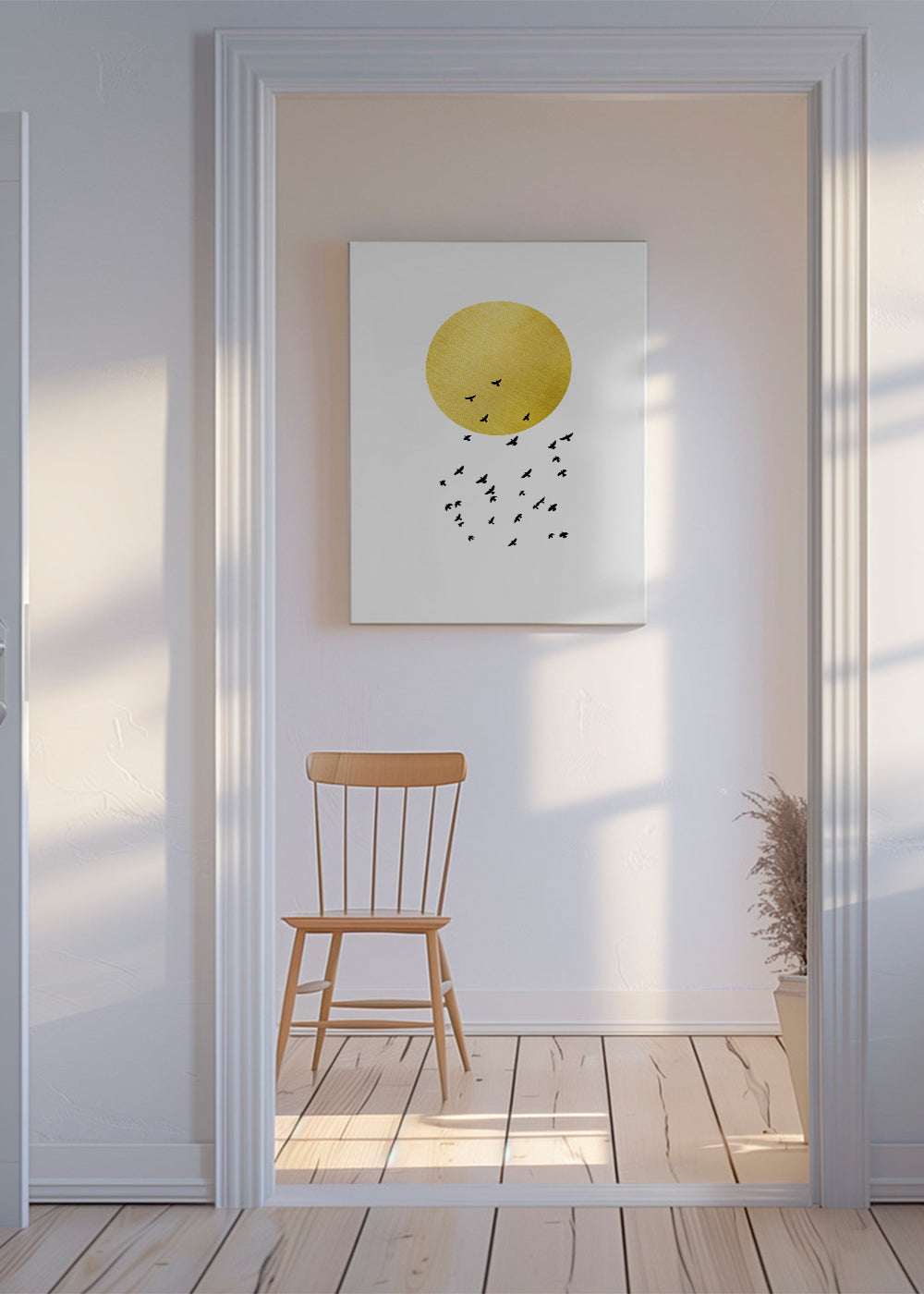 Minimalistisk print med gyllene sol och flock